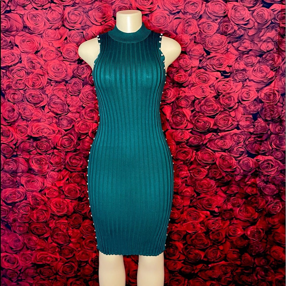 Mock Neck Studdded Rib-Knit Dress